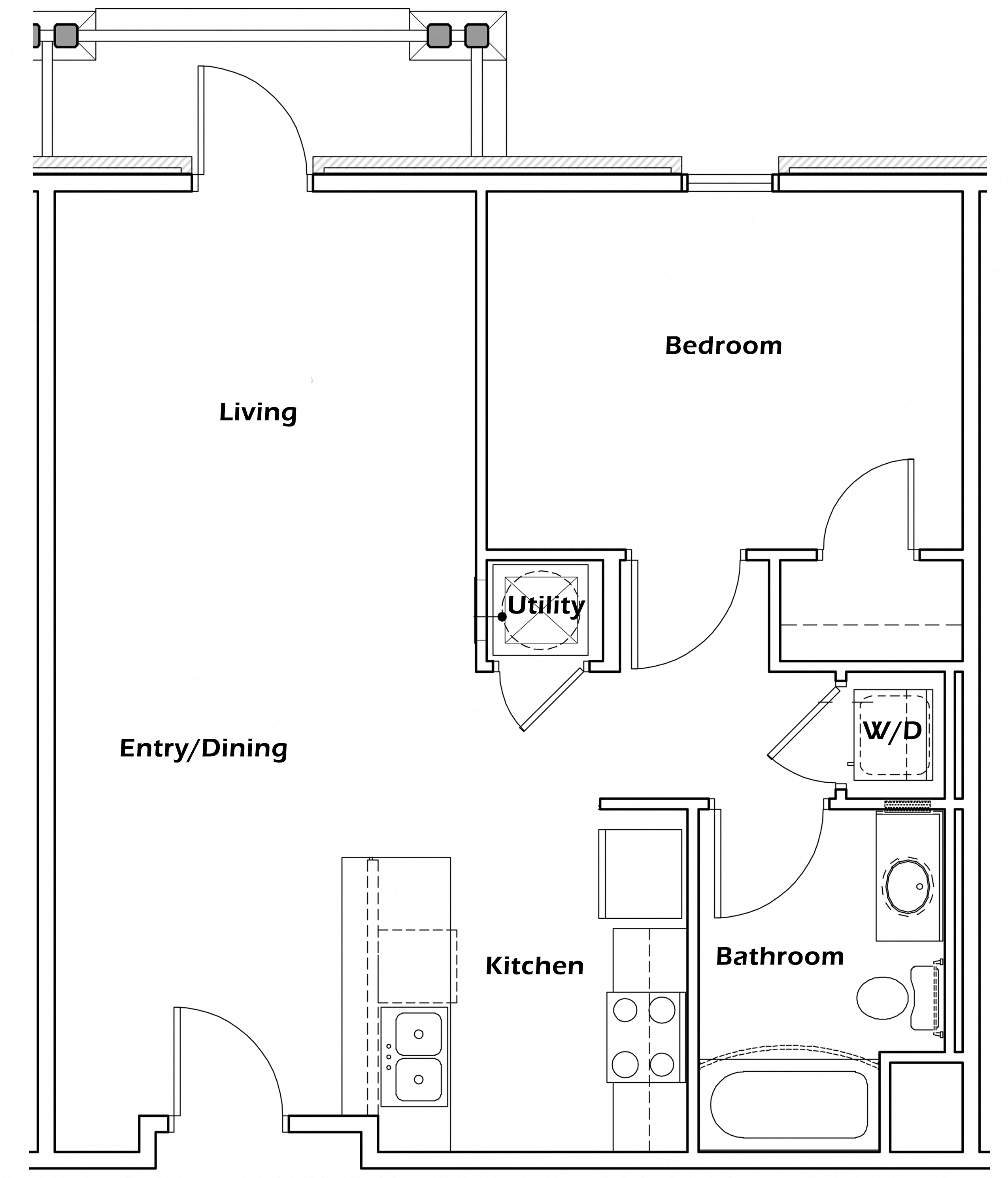 Floor plan for 1 bed, 1 bath, 667 sqft